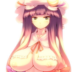 Rule 34 | 1girl, :&lt;, blunt bangs, bow, breasts, breasts out, capelet, cleavage, female focus, hat, huge breasts, long hair, looking at viewer, nipples, no bra, patchouli knowledge, shiny skin, simple background, solo, touhou, tro (trombe), upper body, white background