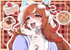 Rule 34 | 1girl, 2hin03, animal ears, blush, breasts, brown hair, cake, collarbone, commentary request, cookie, desert, food, fork, hair ornament, heart, highres, holding, horse girl, long hair, open mouth, portrait, red eyes, school uniform, simple background, small breasts, still in love (umamusume), sweets, teeth, tracen school uniform, umamusume, upper teeth only, veil