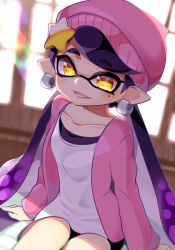 Rule 34 | + +, 1girl, absurdres, ao hito, beanie, callie (splatoon), earrings, eyes visible through hair, fang, hair ornament, hat, highres, inkling, jacket, jewelry, looking at viewer, mole, mole under eye, nintendo, open mouth, pink jacket, pointy ears, purple hair, sitting, smile, solo, splatoon (series), splatoon 2, symbol-shaped pupils, tentacle hair, window, yellow eyes