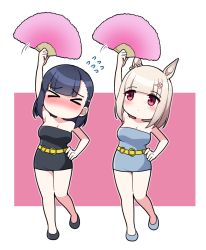 Rule 34 | &gt; &lt;, 2girls, animal ears, arm up, bare arms, bare shoulders, belt, black dress, black footwear, black hair, blue dress, blue footwear, blush, bodycon, breasts, cleavage, closed eyes, commentary request, dress, facing viewer, flower, flying sweatdrops, folding fan, hair flower, hair ornament, hairclip, hand fan, hand on own hip, happy meek (umamusume), highres, holding, holding fan, horse ears, kiryuuin aoi, light brown hair, medium breasts, motion lines, multiple girls, nose blush, pink background, pink flower, red eyes, shoes, strapless, strapless dress, takiki, two-tone background, umamusume, umayuru, white background, yellow belt