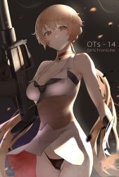 Rule 34 | 1girl, assault rifle, black gloves, black necktie, black panties, blonde hair, breasts, brown corset, bullpup, character name, choker, closed mouth, clothes lift, copyright name, corset, dress, dress lift, girls&#039; frontline, gloves, gun, highres, holding, holding weapon, lips, long hair, looking at viewer, medium breasts, necktie, orange eyes, ots-14 (girls&#039; frontline), ots-14 groza, panties, ponytail, red choker, rifle, saturndxy, simple background, smile, solo, star (symbol), star choker, suppressor, underwear, weapon, white dress