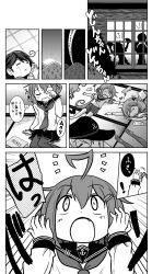 Rule 34 | 10s, 5girls, ahoge, akebono (kancolle), anchor print, bell, comic, expressive hair, fang, flower, greyscale, hair bell, hair flower, hair ornament, hairclip, hibiki (kancolle), highres, ikazuchi (kancolle), kantai collection, monochrome, multiple girls, neckerchief, oboro (kancolle), open mouth, outstretched arms, pleated skirt, rubbing eyes, saiguchi otoufu, sazanami (kancolle), school uniform, serafuku, short hair, side ponytail, skirt, sleeping, spread arms, translation request, ushio (kancolle)