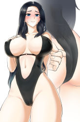 Rule 34 | 1girl, adjusting clothes, adjusting swimsuit, ass, bam.g, black hair, blue eyes, blush, breasts, breasts apart, cameltoe, cleavage, cleft of venus, commission, covered erect nipples, highres, invincible dragon (last origin), large breasts, last origin, long hair, looking at viewer, multiple views, navel, one-piece swimsuit, sweat, swimsuit, thick thighs, thighs, zoom layer