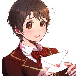 Rule 34 | 10s, 1girl, bad id, bad pixiv id, blazer, blush, bow, brook (applebrk), brown eyes, brown hair, flying sweatdrops, idolmaster, idolmaster cinderella girls, jacket, letter, looking at viewer, love letter, matching hair/eyes, nervous, oikawa shizuku, open mouth, portrait, short hair, simple background, solo, very short hair, white background