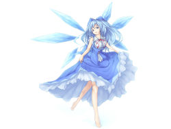 Rule 34 | 1girl, absurdres, adapted costume, aged up, bare arms, bare legs, barefoot, blue eyes, blue hair, bow, breasts, cirno, die blonde bestie, full body, hair bow, head tilt, highres, large breasts, long hair, matching hair/eyes, neck ribbon, ribbon, shirt, simple background, skirt, skirt hold, skirt set, sleeveless, sleeveless shirt, solo, touhou, white background, wings