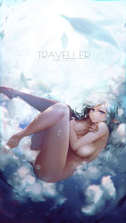 Rule 34 | 1girl, blue eyes, breasts squeezed together, breasts, cleavage, covering privates, covering breasts, dolphin, elf, falling, fetal position, highres, large breasts, legs, long hair, looking at viewer, nude, original, pandea work, parted lips, pointy ears, silver hair, solo, thighs, underwater, water, wavy hair