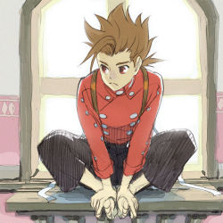 Rule 34 | 00s, 1boy, bad id, bad pixiv id, barefoot, brown hair, lloyd irving, male focus, red eyes, red shirt, shimabara, shirt, solo, tales of (series), tales of symphonia, window