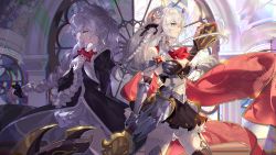 Rule 34 | absurdres, benghuai xueyuan, black dress, blue eyes, braid, cape, character request, dress, frilled dress, frills, gauntlets, grey hair, highres, honkai (series), knight, long hair, official art, red cape, side braid, side cape, smile, twin braids