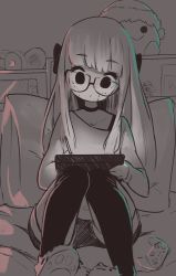 Rule 34 | 1girl, angelica (k3lly), black choker, black eyes, blush stickers, cameo, cat slippers, choker, commentary, controller, drawing tablet, facing viewer, game controller, glasses, head tilt, heart, highres, holding, inkling, inkling girl, inkling player character, light, long hair, long sleeves, mask, nintendo, nintendo switch, on bed, original, over-kneehighs, sepia, shirt, shorts, sitting, slippers, solo, stylus, thighhighs