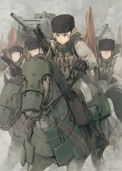 Rule 34 | 1girl, 3boys, ammunition pouch, armor, asterisk kome, barding, black gloves, blonde hair, blue eyes, boots, bullpup, cavalry, closed mouth, frown, fur hat, gloves, gun, hat, highres, holding, holding gun, holding weapon, horse, horseback riding, jacket, long sleeves, military, military hat, military jacket, military uniform, military vehicle, motor vehicle, multiple boys, original, pouch, riding, stirrups (riding), t-34, t-34-85, tank, uniform, ushanka, v-shaped eyebrows, weapon