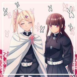 Rule 34 | 2girls, ahoge, akamatsu kaede, arms behind back, belt, black jacket, blonde hair, blunt bangs, border, brown hair, bug, butterfly, butterfly hair ornament, cape, cheer (cheerpuppy14), closed eyes, closed mouth, commentary, cosplay, cosplay request, danganronpa (series), danganronpa v3: killing harmony, english commentary, flower, grey background, hair ornament, hairclip, harukawa maki, highres, insect, jacket, kimetsu no yaiba, long hair, mole, mole under eye, multiple girls, pink flower, pleated skirt, red eyes, short hair, side ponytail, skirt, smile, striped, striped background, twintails, v arms, white belt, white border, white cape