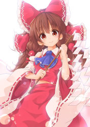 Rule 34 | 1girl, ascot, blush, bow, brown eyes, brown hair, closed mouth, detached sleeves, eyebrows, gohei, hair bow, hair tubes, hakurei reimu, head tilt, highres, holding, long hair, looking at viewer, maru-pen, midriff, navel, red bow, red skirt, ribbon-trimmed sleeves, ribbon trim, shide, simple background, skirt, skirt set, smile, solo, touhou, twintails, white background, wide sleeves