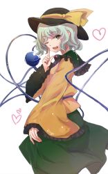 Rule 34 | 1girl, ;d, absurdres, artist name, black hat, blouse, commentary, cowboy shot, finger to cheek, frilled shirt collar, frilled sleeves, frills, from side, green eyes, green hair, green skirt, hat, hat ribbon, heart, heart in eye, highres, komeiji koishi, long sleeves, looking at viewer, looking to the side, medium hair, one eye closed, open mouth, ribbon, ringo orihara, shirt, simple background, skirt, smile, symbol in eye, teeth, third eye, touhou, upper teeth only, white background, wide sleeves, yellow ribbon, yellow shirt