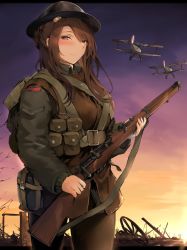 Rule 34 | aircraft, airplane, biplane, blush, bolt action, british army, brown eyes, brown hair, commentary, commentary request, girls&#039; frontline, gun, helmet, highres, lee-enfield, lee-enfield (girls&#039; frontline), long hair, looking at viewer, military, military uniform, rifle, smile, solo, sunset, syotastar, uniform, united kingdom, weapon, world war i