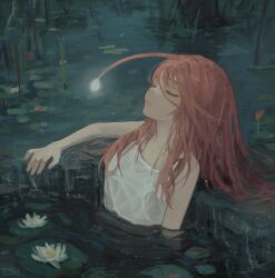 Rule 34 | 1girl, absurdres, anglerfish, anglerfish girl, check copyright, closed eyes, closed mouth, copyright request, fish, grass, hair between eyes, hand on ground, highres, illicium, impressionism, leaning back, leaning on object, lily pad, long hair, original, partially submerged, red hair, shirt, sleeveless, sleeveless shirt, solo, tsurami96, upper body, water, water lily flower, wet, wet clothes, wet hair, wet shirt, white shirt
