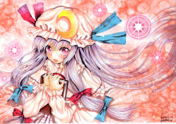 Rule 34 | 1girl, book, hugging book, capelet, cardigan, coat, crescent, dress, hair ribbon, hat, holding, holding book, hugging object, long hair, long sleeves, looking at viewer, marker (medium), mob cap, mosho, open cardigan, open clothes, open coat, patchouli knowledge, pink eyes, purple hair, ribbon, solo, striped clothes, striped dress, touhou, traditional media, tress ribbon, very long hair