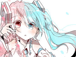Rule 34 | 1girl, :o, bare shoulders, blue eyes, blue hair, blue nails, blush, commentary request, detached sleeves, falling petals, frilled shirt collar, frills, hair between eyes, hair ornament, hand up, hatsune miku, heterochromia, light blue hair, long hair, looking at viewer, multicolored hair, nail polish, necktie, parted lips, petals, pink eyes, pink hair, pink nails, shirt, simple background, sleeveless, sleeveless shirt, solo, split-color hair, split theme, symbol-shaped pupils, tears, twintails, two-tone hair, upper body, vocaloid, white background, xxxx saki