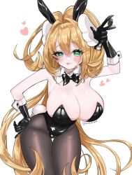 Rule 34 | 1girl, animal ears, armpits, arms up, black leotard, black pantyhose, blonde hair, bow, bowtie, breasts, cleavage, closed mouth, detached collar, fake animal ears, fang, goddess of victory: nikke, green eyes, hair between eyes, hand on own hip, heart, highres, holding, huge breasts, large breasts, leaning forward, leotard, long hair, official alternate costume, pantyhose, playboy bunny, rabbit ears, rupee (nikke), rupee (rabbit deluxe) (nikke), simple background, solo, strapless, strapless leotard, thick thighs, thigh gap, thighs, tongue, tongue out, uniofthedead, very long hair, white background, yellow bow, yellow bowtie