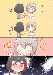 Rule 34 | 2girls, 4koma, :t, :|, aoba moca, bang dream!, biting, black hair, blue eyes, blush, bob cut, clenched hand, closed eyes, closed mouth, comic, commentary request, finger biting, finger in another&#039;s mouth, grey hair, grey shirt, highres, jitome, kyou (fr39), mitake ran, multicolored hair, multiple girls, pointing, puff of air, purple eyes, red hair, rock paper scissors, shirt, short hair, streaked hair, striped clothes, striped shirt, t-shirt, translation request, v, vertical-striped clothes, vertical-striped shirt, white shirt