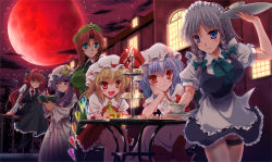 Rule 34 | 6+girls, apron, aqua eyes, ascot, blue dress, blue eyes, blue hair, book, braid, breasts, chair, coat, crescent, crescent hair ornament, cup, demon girl, demon tail, demon wings, dress, fang, flandre scarlet, full moon, hair ornament, hat, head wings, highres, hong meiling, izayoi sakuya, juliet sleeves, koakuma, large breasts, long hair, long sleeves, maid, maid apron, maid headdress, md5 mismatch, mob cap, moon, multiple girls, open book, open clothes, open coat, open mouth, patchouli knowledge, pink dress, puffy short sleeves, puffy sleeves, purple eyes, purple hair, railing, reading, red dress, red eyes, red hair, red moon, remilia scarlet, resolution mismatch, scarlet devil mansion, short sleeves, silver hair, smile, source smaller, star (symbol), striped clothes, striped dress, table, tail, teacup, thighs, tiered tray, touhou, tray, twin braids, very long hair, waist apron, wide sleeves, wings, yamu (reverse noise), yellow eyes