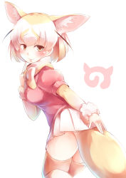 Rule 34 | 10s, 1girl, absurdres, animal ears, blonde hair, brown eyes, extra ears, fennec (kemono friends), fox ears, fox tail, from behind, highres, japari symbol, kanzakietc, kemono friends, leaning forward, looking at viewer, looking back, pleated skirt, puffy short sleeves, puffy sleeves, short hair, short sleeves, simple background, skirt, smile, solo, tail, thighhighs, white background, white skirt