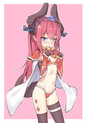 Rule 34 | 1girl, armor, bikini, bikini armor, black thighhighs, blue eyes, blush, breasts, cape, choker, dragon girl, dragon horns, dragon tail, elizabeth bathory (brave) (fate), elizabeth bathory (fate), eyebrows, fate/grand order, fate (series), flat chest, gift, gloves, hair ribbon, heart, heart-shaped pupils, highres, holding, holding gift, horn ornament, horns, long hair, looking at viewer, lulumiya (abbb1233), navel, oversized clothes, pauldrons, pink background, pink hair, pointy ears, red armor, red bikini, ribbon, shoulder armor, solo, swimsuit, symbol-shaped pupils, tail, tears, thigh strap, thighhighs, white cape
