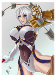 Rule 34 | 00s, 1girl, 2007, aqua eyes, armor, breasts, female focus, gauntlets, gloves, gradient background, holding, isabella valentine, large breasts, lipstick, makeup, namco, see-through, short hair, solo, soul calibur, soulcalibur, soulcalibur iii, weapon, whip, whip sword, white hair