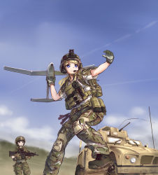 Rule 34 | 2girls, absurdres, backpack, bad id, bad pixiv id, bag, blonde hair, blue eyes, blurry, blush, brown hair, camouflage, cloud, contrail, day, depth of field, drone, gloves, gun, headset, helmet, highres, holding, holding gun, holding weapon, horizon, knee pads, light machine gun, load bearing vest, long hair, m-atv(vehicle), m249, machine gun, magazine (weapon), military, military operator, military truck, military uniform, military vehicle, motor vehicle, multiple girls, original, pouch, rq-11 raven, short hair, sleeves rolled up, soldier, standing, standing on one leg, tanto (tc1995), tc1995, throwing, torn clothes, torn sleeves, trigger discipline, truck, uniform, vehicle, weapon