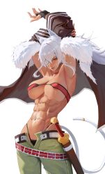 Rule 34 | 1girl, abs, absurdres, animal ear fluff, animal ears, areola slip, arm up, armpits, bandeau, belt, black panties, breasts, brown jacket, choker, collarbone, commentary, covered erect nipples, dark-skinned female, dark skin, english commentary, eyepatch, fur-trimmed jacket, fur trim, ghislaine dedoldia, green pants, highleg, highleg panties, highres, jacket, large breasts, long hair, muscular, muscular female, mushoku tensei, navel, open fly, panties, pants, parted lips, rasipan, red bandeau, red choker, red eyes, scar, scar on stomach, sheath, sheathed, solo, stretching, sword, tail, underwear, weapon, white belt, white hair