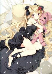 Rule 34 | &gt;:(, 1girl, absurdres, ankle ribbon, bare shoulders, barefoot, black dress, blonde hair, blush, bow, brown eyes, hugging doll, dress, feet, flower, frills, frown, gathers, hair bow, hair flower, hair ornament, highres, kani biimu, leg ribbon, long hair, looking at viewer, lying, hugging object, on side, original, petals, pink eyes, ribbon, solo, strap slip, stuffed toy, toes, twintails, v-shaped eyebrows, very long hair, wavy mouth