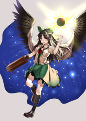 Rule 34 | 1girl, absurdres, ailu elf, arm cannon, bird wings, black footwear, black socks, black sun, black wings, bow, cape, chinese commentary, commentary request, frilled shirt, frilled skirt, frills, full body, green bow, green skirt, grey background, hair bow, highres, reiuji utsuho, shirt, short sleeves, simple background, skirt, socks, solo, starry sky print, sun, third eye, touhou, weapon, white cape, white shirt, wings