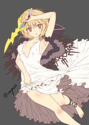 Rule 34 | 10s, 1girl, ankle lace-up, arm up, armpits, assassin (granblue fantasy), bare legs, barefoot, blonde hair, breasts, brown eyes, cleavage, clothes lift, cross-laced footwear, dagger, djeeta (granblue fantasy), dress, dress lift, granblue fantasy, grey background, holding, holding weapon, hood, hood down, knife, lips, short hair, simple background, solo, twitter username, weapon, white dress, yua (checkmate)