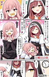 Rule 34 | 2girls, :d, absurdres, bare shoulders, clock, elbow gloves, gloves, hand on another&#039;s head, highres, lap pillow, medium hair, multiple girls, nun, open mouth, orange eyes, original, pacifier, petting, pink hair, red hair, shineka, sleeping, smile, speech bubble, white legwear, yellow eyes
