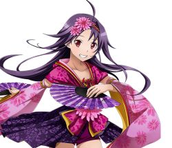 Rule 34 | 1girl, ahoge, bow, collarbone, cowboy shot, detached sleeves, hand fan, floating hair, flower, grin, hair bow, hair flower, hair ornament, holding, holding fan, japanese clothes, kimono, long hair, looking at viewer, outstretched arm, pink flower, purple hair, purple shorts, red eyes, short shorts, shorts, smile, solo, standing, sword art online, transparent background, very long hair, yuuki (sao)