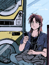 Rule 34 | 1boy, black eyes, black shirt, blue pants, brown hair, closed mouth, commentary request, digital media player, earbuds, earphones, expressionless, feet out of frame, grey shirt, holding, ichijou seiya, ipod, ipod nano, kaiji, laundromat, laundry, long hair, male focus, medium bangs, open clothes, open shirt, pants, shirt, sitting, solo, unknown03162, washing machine