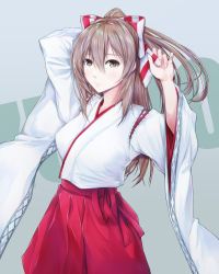 Rule 34 | 1girl, absurdres, breasts, brown hair, hakama, hakama shorts, high ponytail, highres, japanese clothes, junk life, kantai collection, light brown hair, long hair, muneate, red hakama, shorts, small breasts, solo, upper body, wide sleeves, zuihou (kancolle)