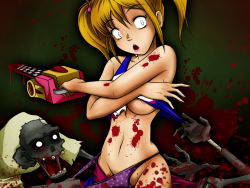 Rule 34 | 1girl, blood, chainsaw, clothes, juliet starling, lollipop chainsaw, simple background, solo, torn clothes, zombie