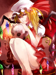 Rule 34 | 1girl, amua, ascot, bad id, bad pixiv id, bare legs, blonde hair, blood, blood on face, candle, candlestand, chair, crying, female focus, flandre scarlet, hat, hat ribbon, highres, legs, ribbon, short hair, side ponytail, sitting, skirt, skirt set, skull, solo, tears, touhou, wings