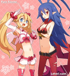 Rule 34 | 2girls, antenna hair, armpits, bad id, bad pixiv id, belt, blonde hair, blue eyes, blue hair, blush, bosutafu, bow, bracelet, breasts, character name, cleavage, crossed arms, disgaea, disgaea d2, flonne, groin, hair ornament, heart, jewelry, laharl, laharl-chan, long hair, magical girl, multiple girls, navel, open mouth, pink bow, pointy ears, pure flonne, ranguage, red eyes, slit pupils, star (symbol), twintails, very long hair