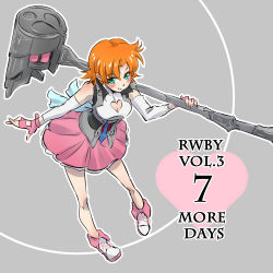 Rule 34 | 1girl, blush stickers, breasts, cleavage, cleavage cutout, clothing cutout, countdown, fingerless gloves, full body, gloves, green eyes, highres, iesupa, nora valkyrie, orange hair, over shoulder, rwby, short hair, skirt, smile, solo, war hammer, warhammer, weapon, weapon over shoulder