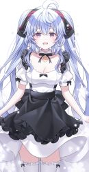 Rule 34 | 1girl, ahoge, alternate costume, alternate hairstyle, bell, blue hair, blush, breasts, cleavage, collarbone, cowboy shot, ganyu (genshin impact), genshin impact, highres, horns, long hair, looking at viewer, maid, mattang, medium breasts, neck bell, open mouth, purple eyes, sidelocks, smile, solo, thighhighs, twintails, white thighhighs