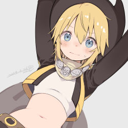 Rule 34 | 1girl, arms up, belt, black hat, black jacket, blonde hair, blue eyes, blush, closed mouth, cowboy hat, cowboy western, crop top, cropped vest, dated, hat, highres, jacket, blue background, looking at viewer, navel, signature, simple background, solo, sonolar, stomach, summon night, summon night 3, sweatdrop, umino hotate, vest