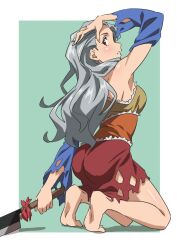 Rule 34 | 1girl, barefoot, blue sleeves, dress, full body, grey hair, gyouza (mhea5724), highres, holding, holding weapon, long hair, multicolored clothes, multicolored dress, nata (tool), open mouth, orange dress, red dress, red eyes, sakata nemuno, solo, touhou, weapon, yellow dress