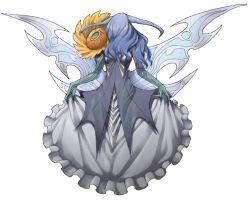 Rule 34 | 1girl, atlus, bad id, bad pixiv id, blade, blue hair, dress, female focus, flower, full body, long hair, mazeran, persona, solo, sunflower, sunflower fairy (touhou), touhou, transparent background, wings