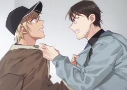 Rule 34 | 2boys, amuro tooru, angry, baseball cap, black headwear, black shirt, blonde hair, blue eyes, brown hair, brown jacket, casual, clenched teeth, clothes grab, commentary request, confrontation, eye contact, facial hair, from side, grey background, grey jacket, hair between eyes, hat, jacket, jacket grab, k (gear labo), long sleeves, looking at another, male focus, meitantei conan, multiple boys, scotch (meitantei conan), shirt, short hair, simple background, stubble, teeth, upper body