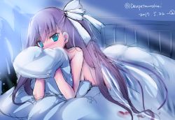 Rule 34 | 10s, 1girl, aqua eyes, ass, bed, blanket, blush, covering face, dated, fate/extra, fate/extra ccc, fate (series), hair ribbon, indoors, kimura shuuichi, light rays, long hair, looking at viewer, lying, meltryllis (fate), nose blush, nude, on stomach, pillow, purple hair, ribbon, sketch, solo, twitter username, very long hair, white ribbon
