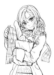 Rule 34 | 1girl, bad id, bad pixiv id, bag, baguette, blush, bread, closed mouth, coat, food, fringe trim, greyscale, hair between eyes, holding, holding bag, light smile, long hair, looking at viewer, monochrome, monochrome, open clothes, open coat, original, plaid, plaid scarf, scarf, simple background, sketch, smile, solo, upper body, wavy hair, yoropa