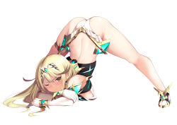 Rule 34 | 1girl, ass, bare legs, bare shoulders, blonde hair, breasts, chest jewel, cleavage, cleavage cutout, clothing cutout, daive, dress, earrings, elbow gloves, gloves, highres, jack-o&#039; challenge, jewelry, large breasts, long hair, mythra (xenoblade), short dress, solo, swept bangs, thigh strap, tiara, very long hair, white dress, white footwear, white gloves, xenoblade chronicles (series), xenoblade chronicles 2, yellow eyes