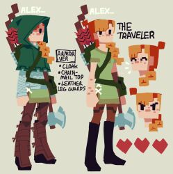 Rule 34 | 1girl, alex (minecraft), armor, axe, boots, bow, braid, chainmail, character sheet, cloak, english text, freckles, heart, highres, hood, leather armor, minecraft, no mouth, orange hair, pouch, quiver, solo, the noodle (onebadnoodle)