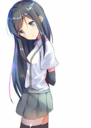 Rule 34 | 10s, 1girl, absurdres, aozora nan, arm warmers, asashio (kancolle), black hair, black thighhighs, blouse, blue eyes, expressionless, grey skirt, highres, kantai collection, long hair, pleated skirt, shirt, short sleeves, simple background, skirt, solo, suspenders, thighhighs, white background, white shirt